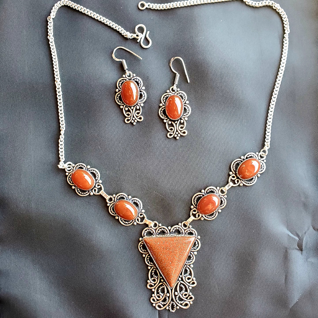 New Goldstone, Carnelian Necklace & Earrings Set.